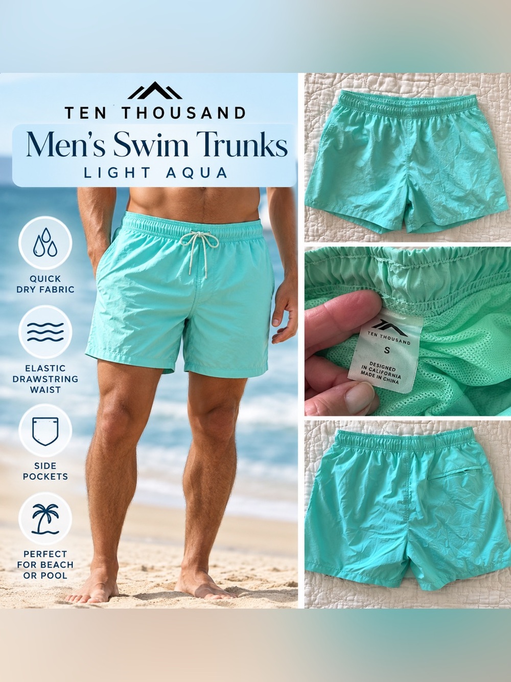 Ten Thousand Men’s Swim Trunks Small Aqua Quick Dry Swim Shorts